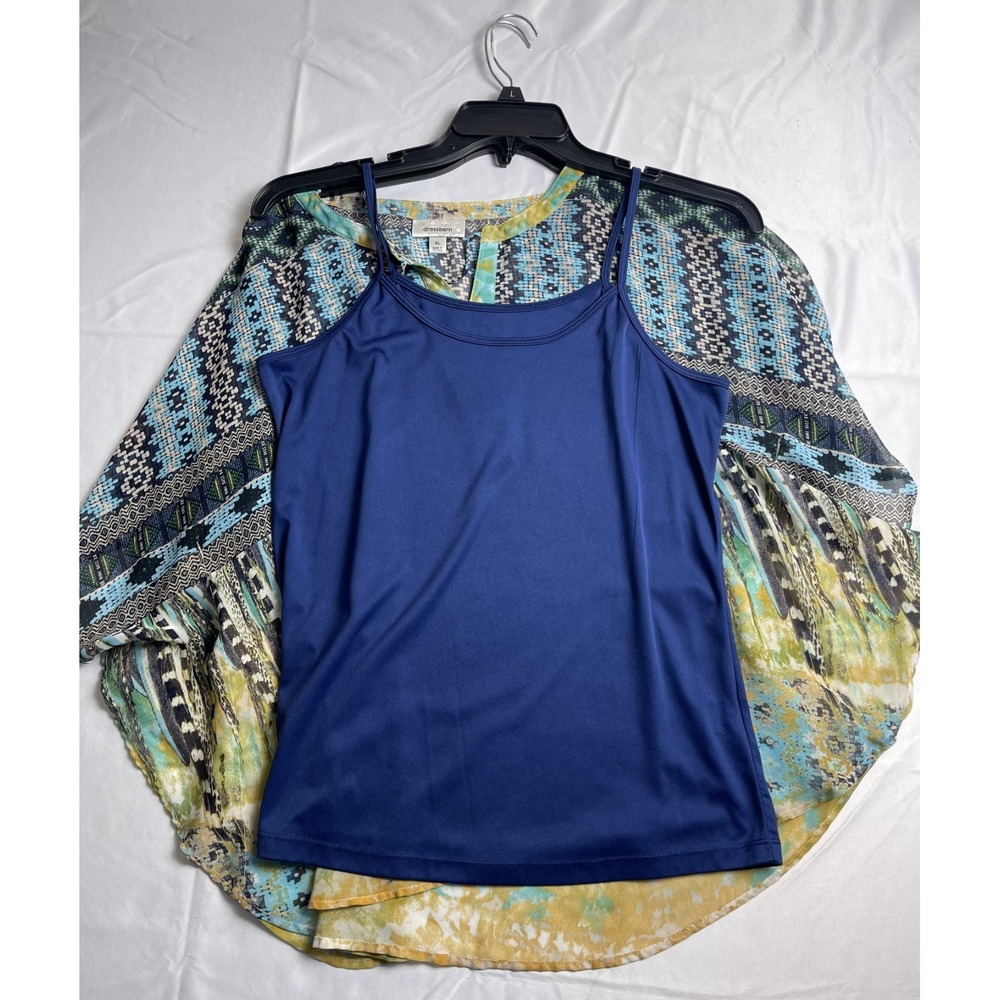 DRESSBARN‎ WOMENS XL BOHO PONCHO BLOUSE BLUE YELLOW GEOMETRIC TIE NECK SHEER TOP